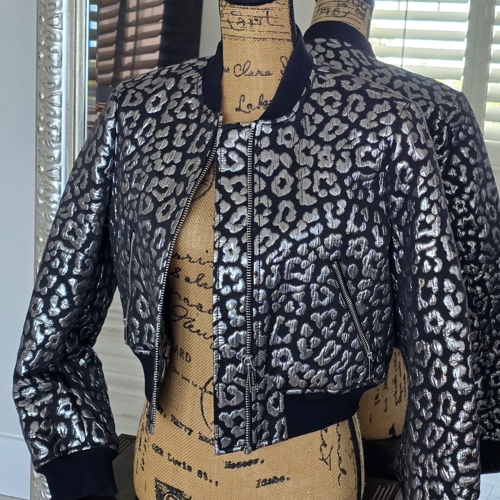Michael Kors Black and Silver Leopard Print Bomber Jacket